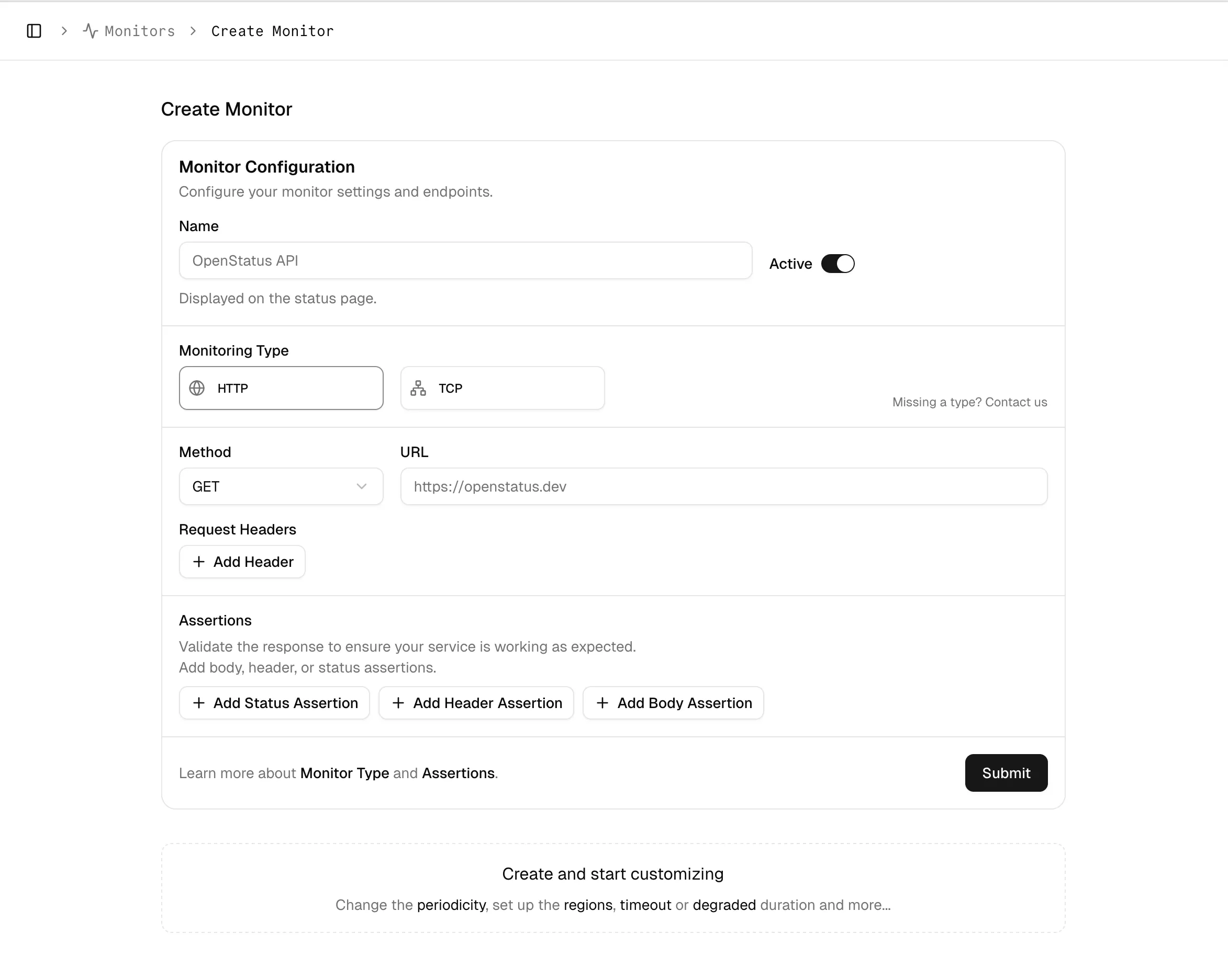 Charts with status code and response time