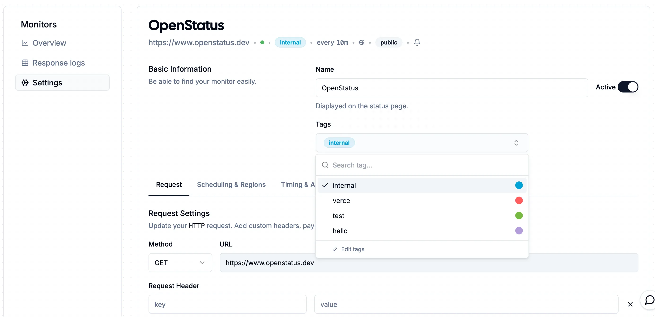 OpenStatus create monitor tag