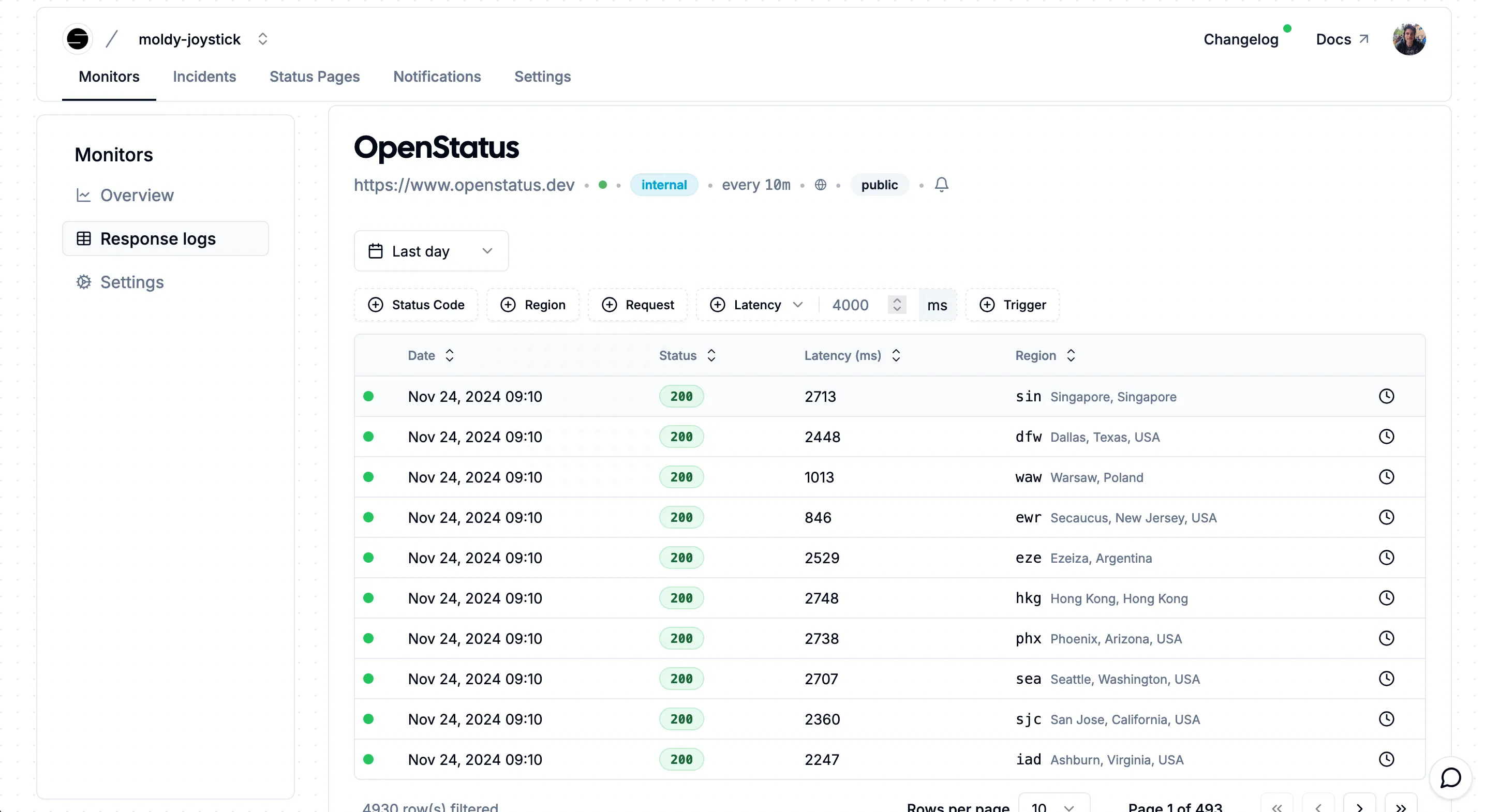 OpenStatus response log